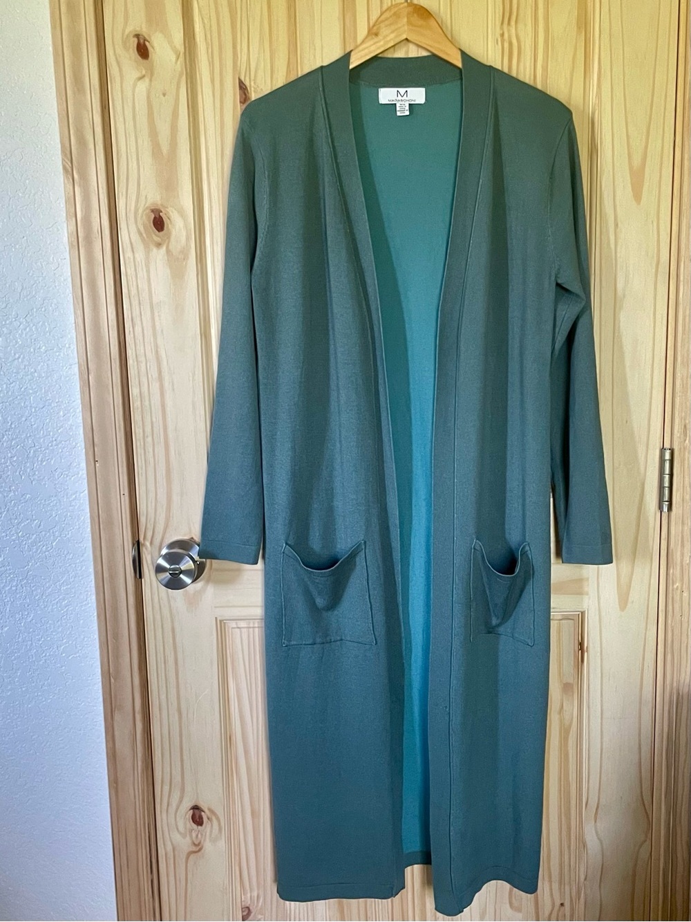 Magaschoni Teal Turquoise Green Open Front Knit Long Duster Cardigan Size M